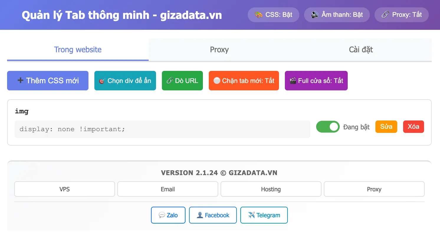 Gizadata Extension – Tiện Ích CSS & Proxy Mạnh Mẽ Cho Trình Duyệt Chrome